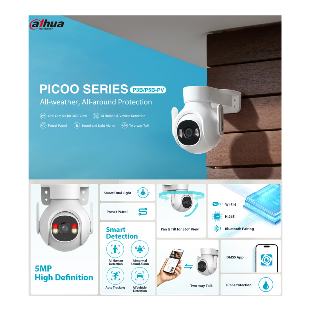 CAMARA IP WIFI "PICOO B1" 5MP TIOC *SMART DUAL LIGHT *VISION 360° *DETEC. HUMANOS Y VEHICULOS IA *AUTO TRACKING *WIFI 6 *IP66 *SLOT MICRO SD HASTA 256GB - Imagen 1