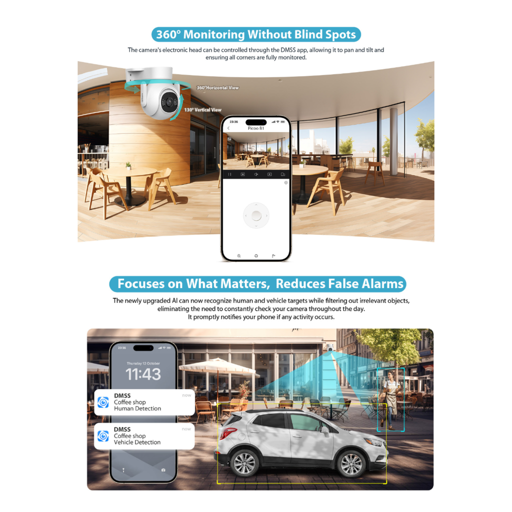 CAMARA IP WIFI "PICOO B1" 5MP TIOC *SMART DUAL LIGHT *VISION 360° *DETEC. HUMANOS Y VEHICULOS IA *AUTO TRACKING *WIFI 6 *IP66 *SLOT MICRO SD HASTA 256GB - Imagen 3
