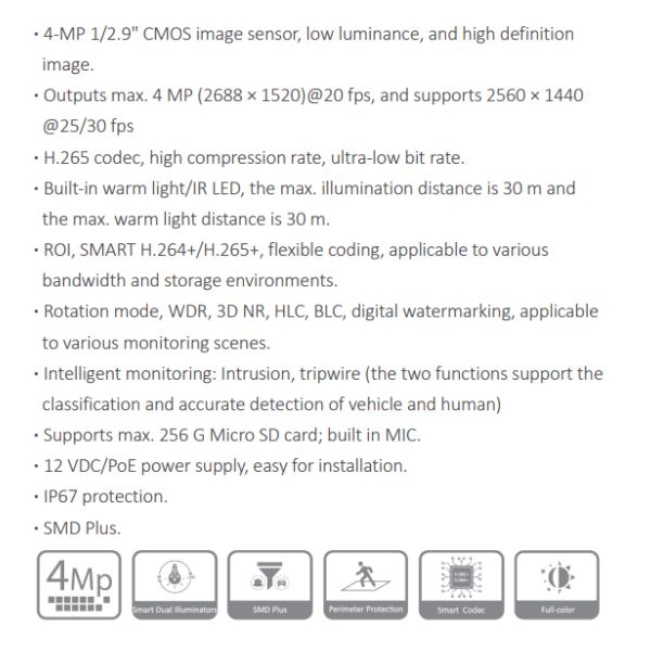 CAMARA IP BALA 4MP FULL COLOR WIZSENSE *SENSOR 1/2.9" CMOS *H.265 *DIST ILUM 30M *WDR, 3D NR, HLC, BLC *SLOT MICRO SD MAX 256G *MIC INTEGRADO *IP67 *SMD PLUS - Imagen 1