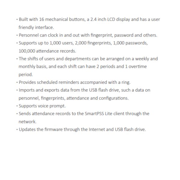 CONTROL DE ASISTENCIA STANDALONE *PANTALLA 2.4" *SOPORTA 1.000 USUARIOS, 2.000 HUELLAS, 1.000 PASSWORDS *IMPORTA Y EXPORTA DATOS CON UN USB FLASH *1 RJ45 - Imagen 1