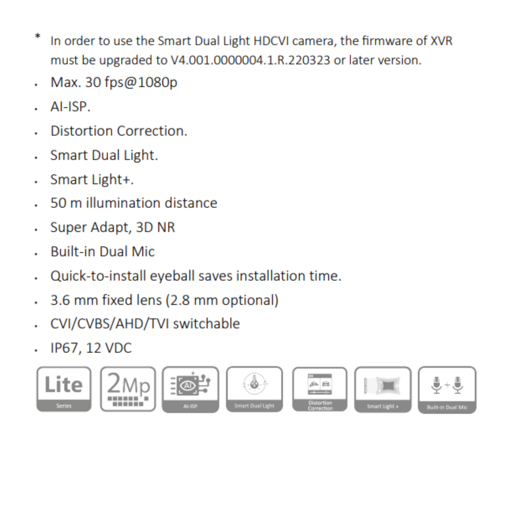 CAMARA HDCVI DOMO 2MP WIZCOLOR *MAX. 30 fps@1080p *LENTE 2.8MM *AI-ISP *DIST. ILUM. 50M *3D NR *MIC DUAL INTEGRADO *CVI/CVBS/AHD/TVI *IP67 - Imagen 1