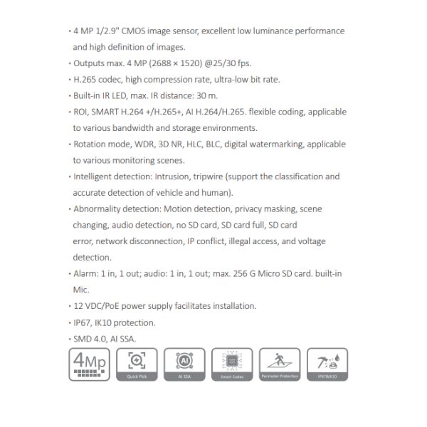 CAMARA IP DOMO CON AUDIO INCORPORADO 4MP *WIZSENSE * LENTE 2,8MM *SENSOR  1/2.9" CMOS *WDR 120DBI *H.265 *SLOT MICRO SD 256GB *IR 30M *IP67 *IK10 *PoE - Imagen 1