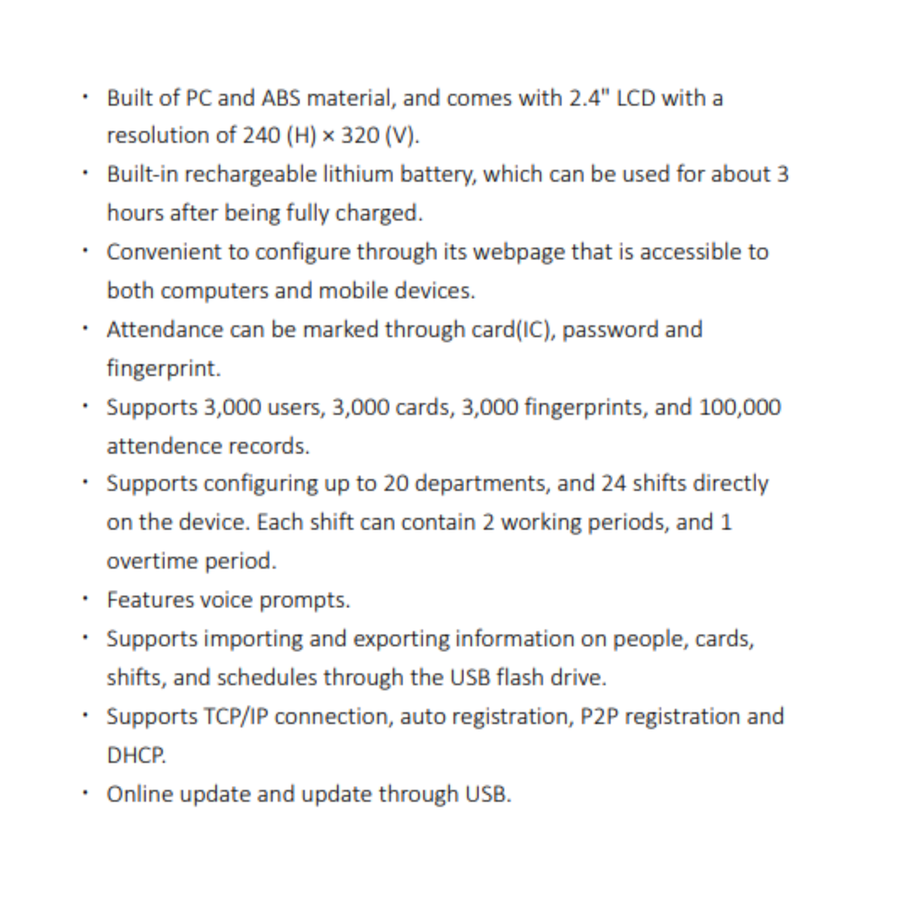 CONTROL DE ASISTENCIA STANDALONE *TARJETA, PASS, HUELLA *BATERIA RECARGABLE *SOPORTA 3.000 USUARIOS, HUELLAS Y 100.000 REGISTROS *SOPORTA TCP/IP Y P2P *ONVIF - Imagen 1