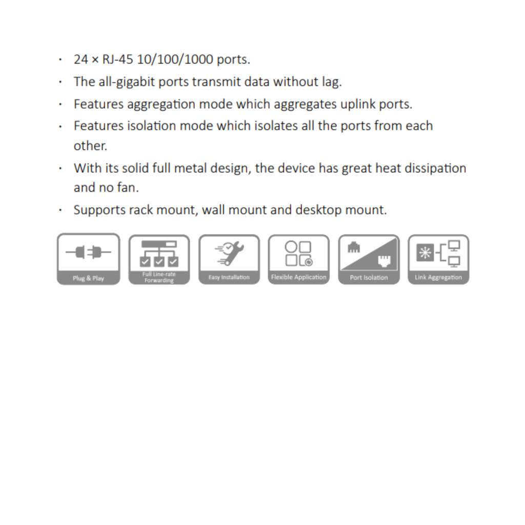 SWITCH GIGABIT DE 24 PUERTOS *CAPA 2 *24 x RJ 45 10/100/1000 *METÁLICO *RACKEABLE *2 PUERTOS UPLINK - Imagen 1