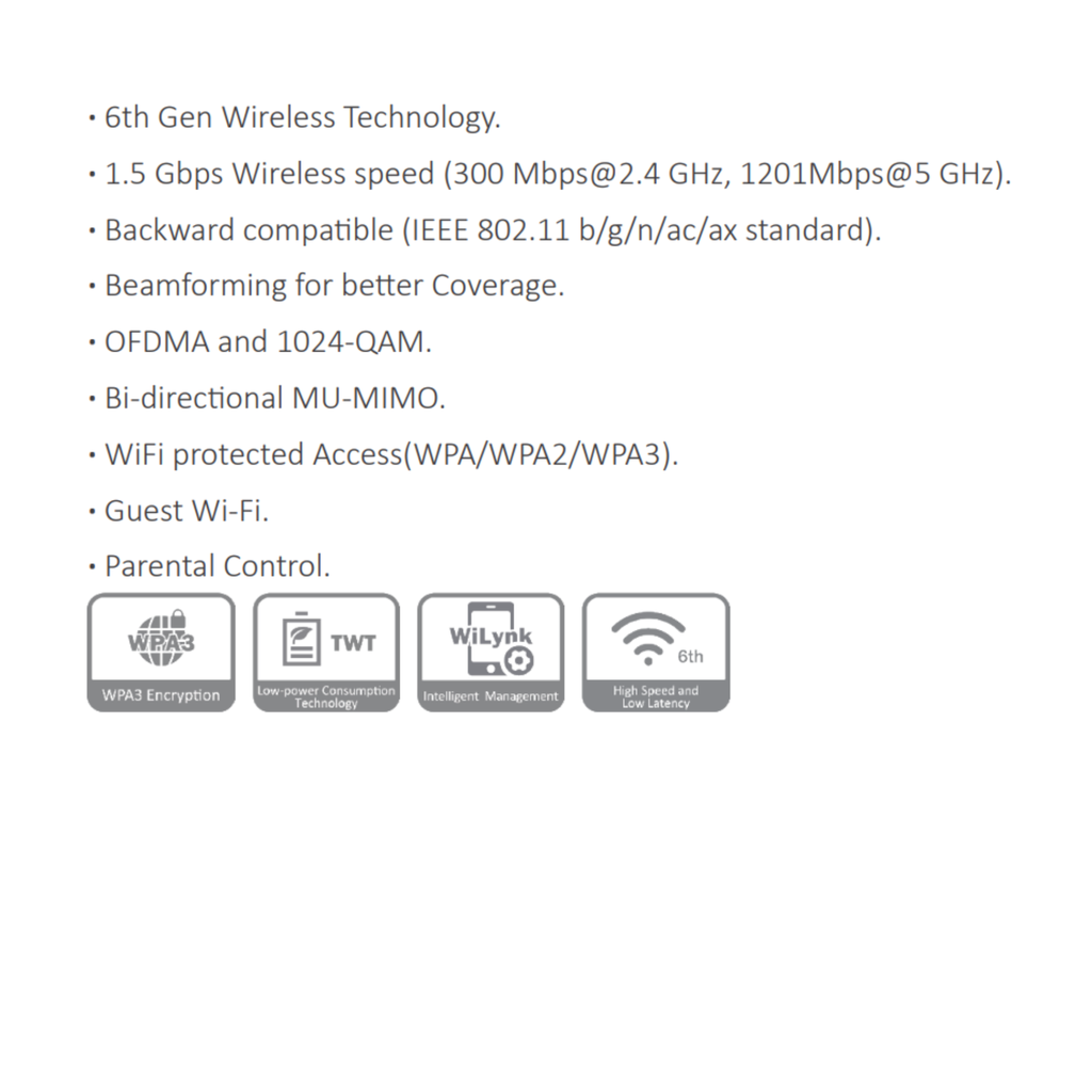 ROUTER DAHIA AX1500 *VELOCIDAD WIRELESS 1.5 Gbps *STANDAR IEEE 802.11 b/g/n/ac/ax *CONTROL PARENTAL *MU-MIMO BIDIRECCIONAL *WPA/WPA2/WPA3 *WIFI PARA INVITADOS - Imagen 1