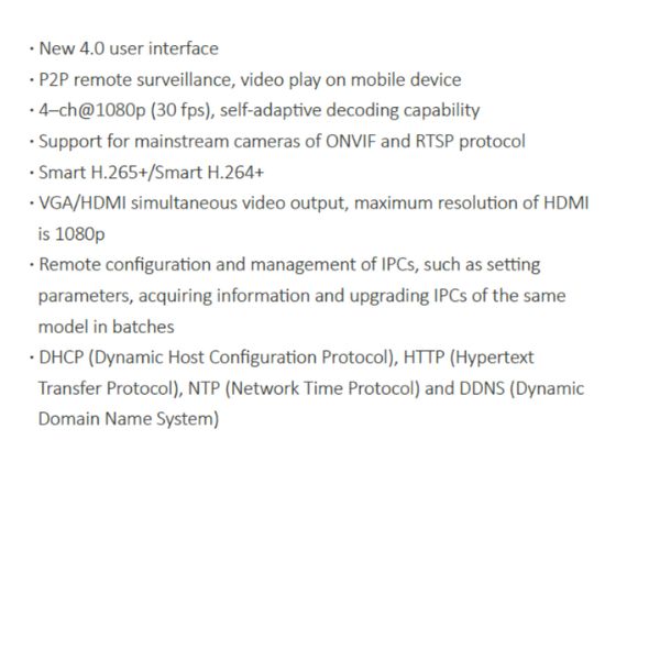 GRABADOR IP SERIE LITE DE 4CH *4CH@1080P (30 fps) *ONVIF *DHCP, HTTP, NTP, DDNS *2USB, 1 HDMI, 1 VGA, 1 RJ45, 1I/IO RCA *P2P *1 HDD HASTA 8TB - Imagen 1
