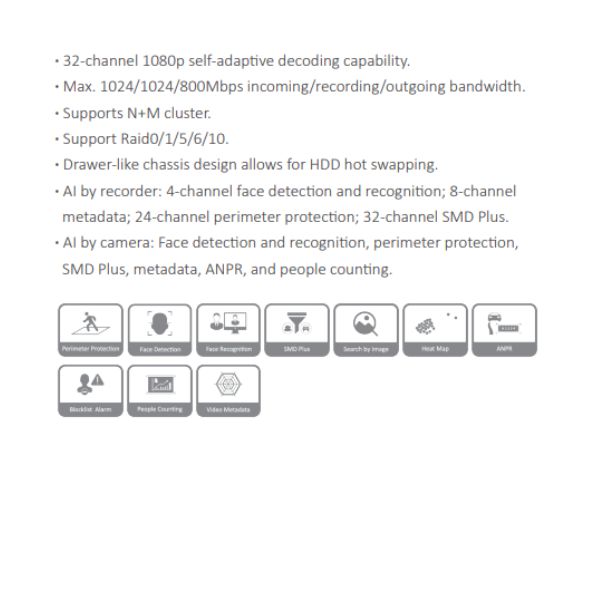 GRABADOR IP 64 CANALES ULTRA 4K *MAX.1024/1024/800Mbps *SOPORTA RAID 0/1/5/6/10 *SMD PLUS *METADATA * ANRP *CONTEO DE PERSONAS *8HDD HASTA 16TB *ONVIF - Imagen 1