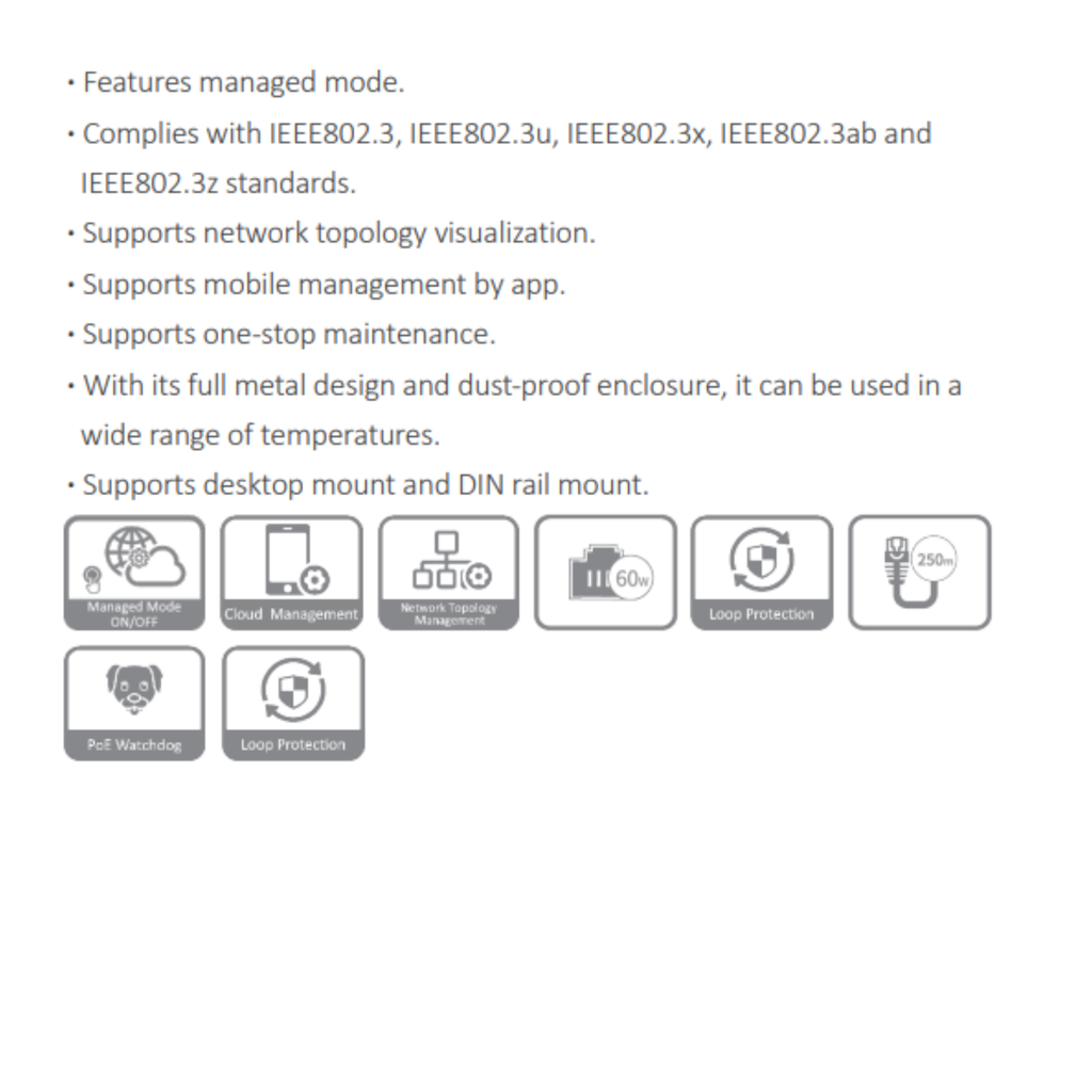 SWITCH REFORZADO ADMINISTRABLE EN NUBE *CAPA 2 *6 PUERTOS *4POE *SOPORTA GESTIÓN POR APP *METALICO *MONTAJE DIN O ESCRITORIO *1 PUERTO TX 250M *POE WATCHDOG - Imagen 1