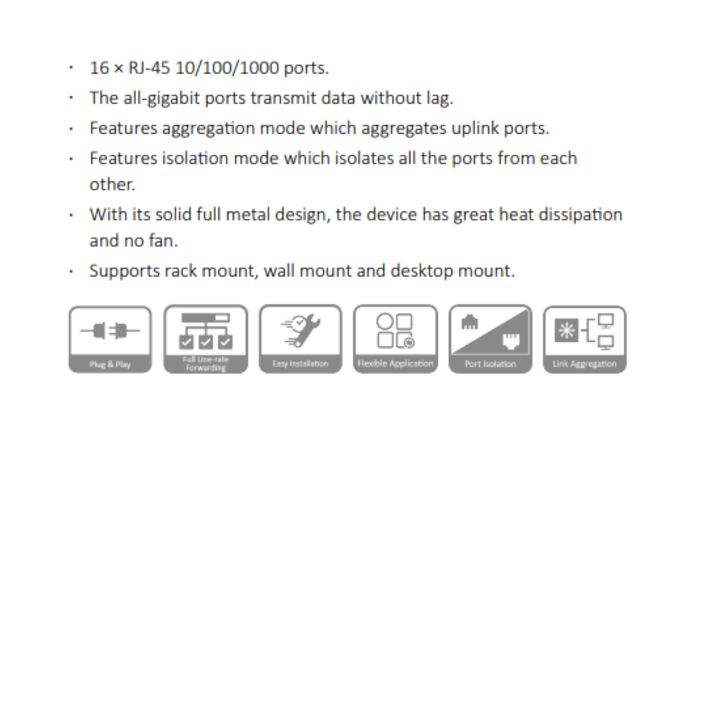 SWITCH NO ADMINISTRABLE DE 16 PUERTOS GIGABIT *PLUG AND PLAY *CAPA  2 *MATERIAL METALICO *FACIL INSTALACIÓN - Imagen 1