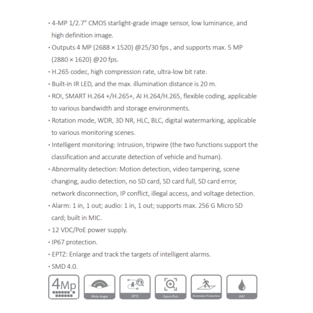 CAMARA IP BALA 4MP CON ANGULO AMPLIO WIZSENSE *SENSOR 1/2.7" CMOS *IR MAX 20M *ALARMA 1I/1O *AUDIO 1I/1O *SOPORTA MICRO SD MAX 256GB *POE *IP67 *EPTZ - Imagen 3