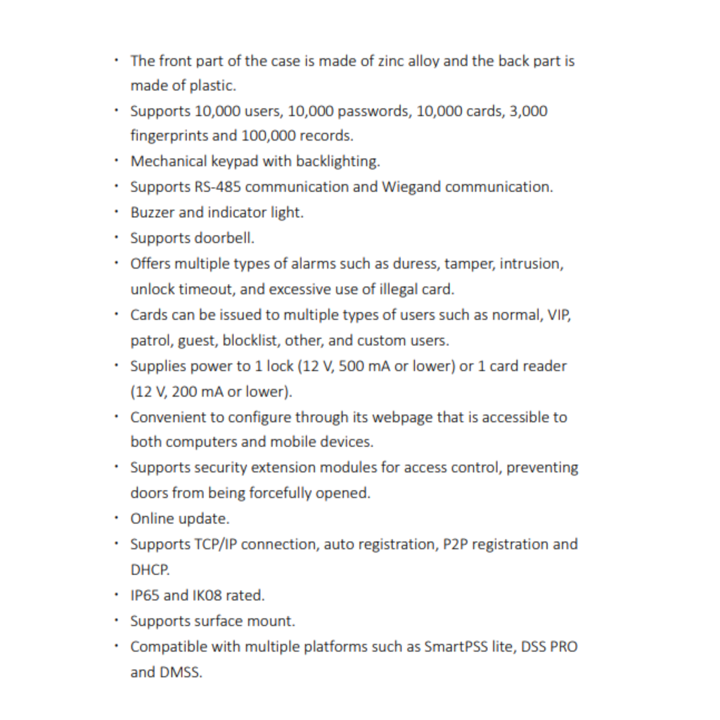 CONTROL DE ACCESO STANDALONE *SOPORTA 10.000 CONTRASEÑAS, 10.000 TARJETAS, 3.000 HUELLAS *SOPORTA 10.000 USUARIOS *SOPORTA RS-485 *TCP/IP, P2P *IP65, IK08 - Imagen 1