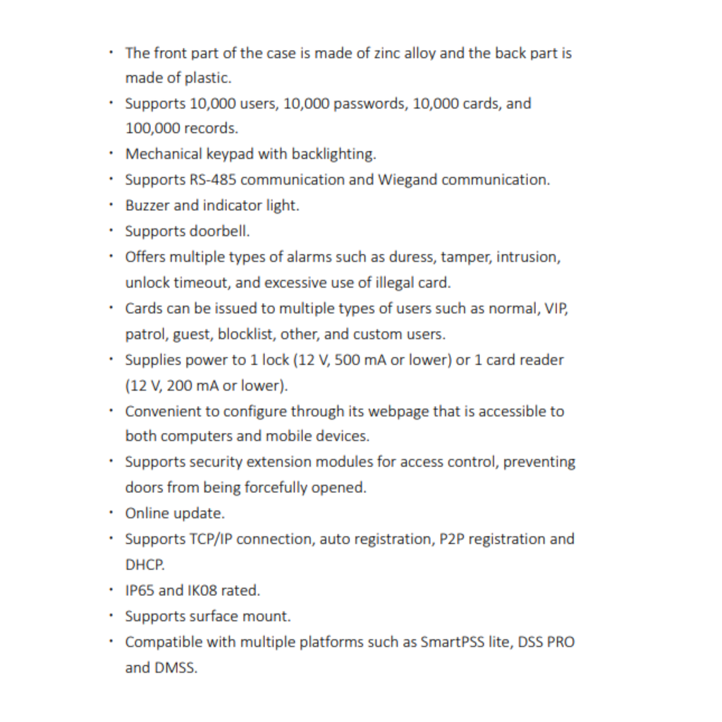 CONTROL DE ACCESO STANDALONE *SOPORTA 10.000 CONTRASEÑAS, 10.000 TARJETAS *SOPORTA 10.000 USUARIOS *SOPORTA RS-485 *TCP/IP, P2P *IP65, IK08 *ONVIF - Imagen 1