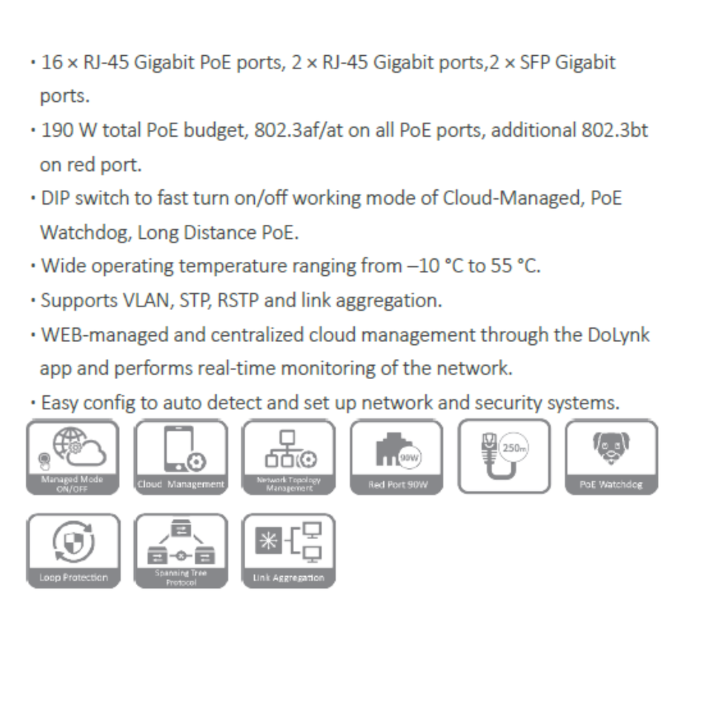 SWITCH ADMINISTRABLE GIGABIT 20 PUERTOS *16 PUERTOS POE *ADMINISTRACIÓN EN LA NUBE *1 PUERTO DE RED 90W *POE WATCHDOG *POE LARGA DISTANCIA 250M *METALICO - Imagen 1