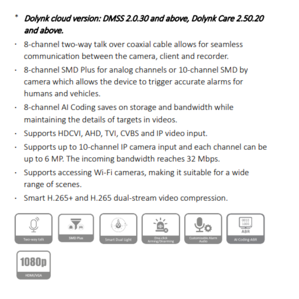 GRABADOR PENTAHIBRIDO 8CH TWO WAY TALK *SMD PLUS *SOPORTA HDCVI, AHD, TVI, CVBS *SOPORTA 10CH IP HASTA 6MP *1 HDD HASTA 16TB *AUDIO 1I/1O *1 RS485, 1 VGA, 1HDMI - Imagen 1