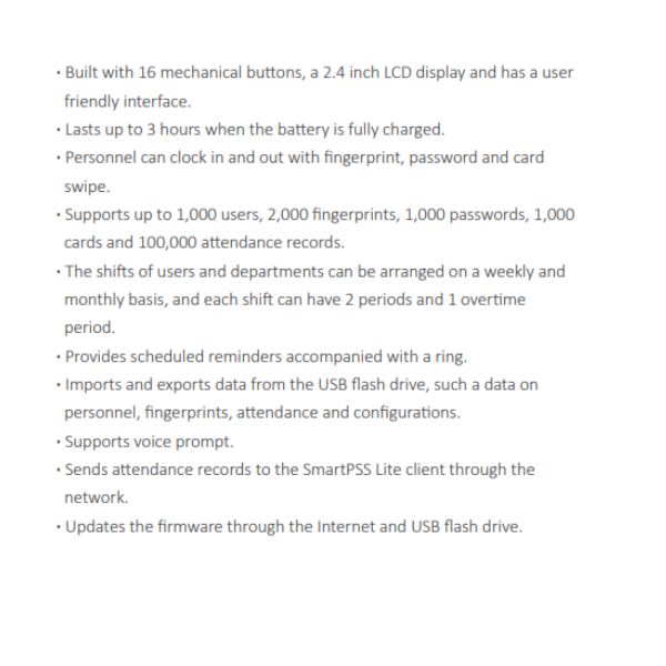 CONTROL DE ASISTENCIA STANDALONE *PANTALLA 2.4" *SOPORTA 1.000 USUARIOS, 2.000 HUELLAS, 1.000 PASSWORDS Y 1.000 TARJETAS *IMPORTA Y EXPORTA DATOS C/ USB FLASH - Imagen 1
