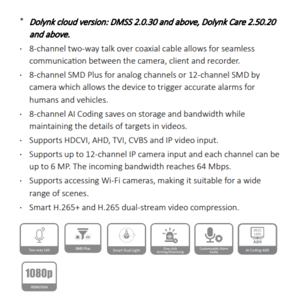 GRABADOR PENTAHIBRIDO DE 8CH TWO WAY TALK *SOPORTA HDCVI, AHD, TVI, CVBS, IP *12CH IP HASTA 6MP *SMD PLUS *2 USB, 1 HDMI, 1 VGA *SOPORTA 1 HDD HASTA 16TB - Imagen 1