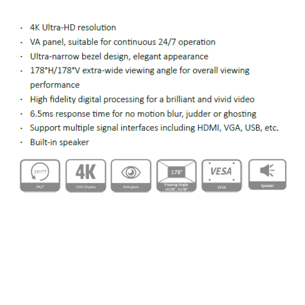 MONITOR DE 55" LED UHD *RESOLUCIÓN 4K ULTRA-HD *PANEL VA *TRABAJA 24/7 *TAZA DE REFRESCO 60HZ *T. RESP. 6MS *PARLANTE 2X10W *COLOR NEGRO *CE EMC, CE LVD, CE ERP - Imagen 1