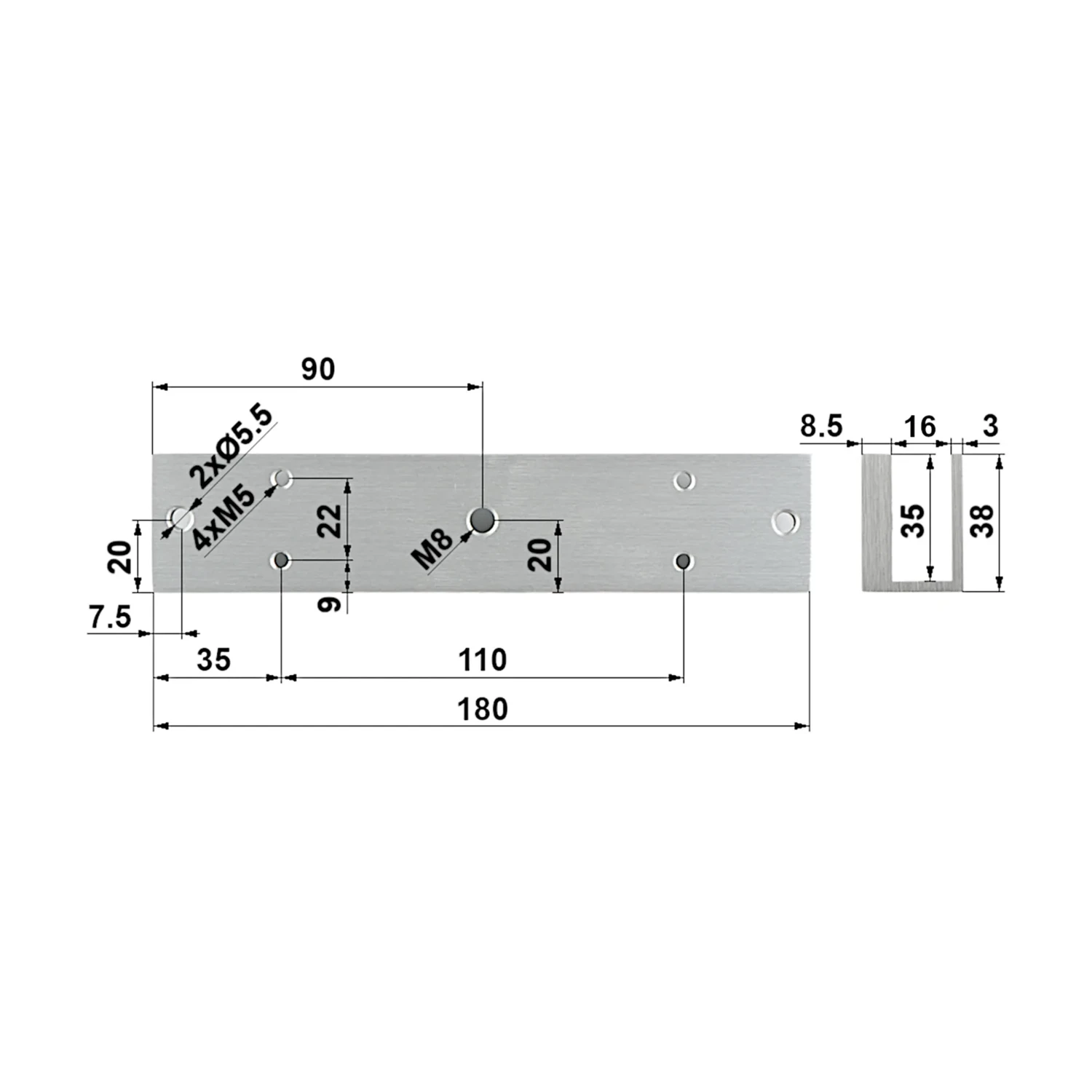 BRACKET U P/CERRADURA DHI-ASF280U-V1 *BLINDEX/ALUMINIO/METAL *ALUMINIO DE ALTA RESISTENCIA *APERTURA PARA PUERTA DE 90 GRADOS - Imagen 1
