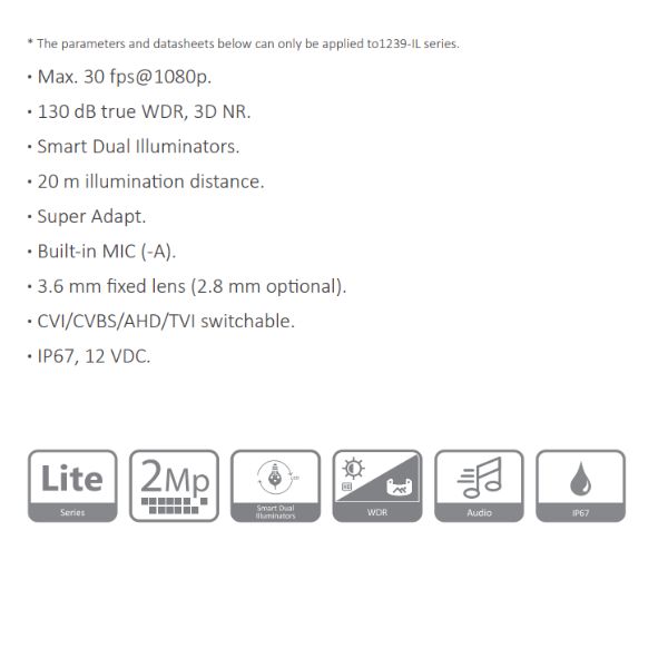 CAMARA HDCVI BALA 2MP FULL COLOR *LENTE 2.8MM * MAX. 30 fps@1080P *ILUMINACION DUAL SMART *DIST. ILUM 20M *SUPER ADAPT *MIC INTEGRADO *IP67 DAHUA HAC-HFW1239CN-IL-A-028-S2 - Imagen 1