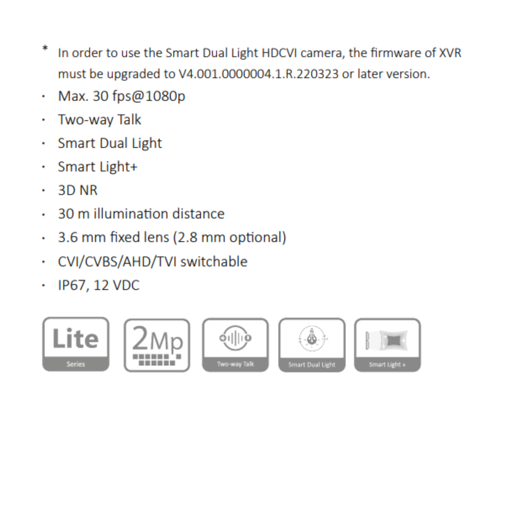 CAMARA HDCVI BALA 2MP SMART DUAL LIGHT *PLASTICA *MAX. 30 fps@1080p
 *AUDIO BIDIRECCIONAL *DIST. ILUM. 30M *LENTE 2.8MM *CVI/CVBS/AHD/TVI *IP67 DAHUA HAC-HFW1200RL-IL-T-28-DIP - Imagen 1