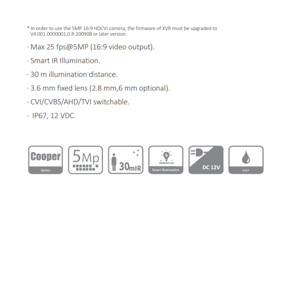 CAMARA HDCVI BALA 5MP PLASTICA * MAX 25 fps@5MP *IR MAX 30M *LENTE 3.6MM *CVI/CVBS/AHD/TVI *IP67 DAHUA DH-HAC-B1A51N-U-0360B-S2 - Imagen 1
