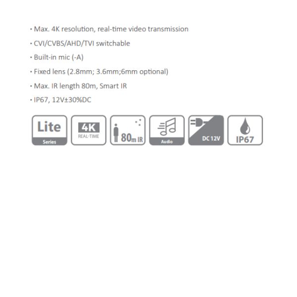 CAMARA HDCVI BALA 8MP *METAL/PLASTICA *SENSOR 1/2.7" CMOS *CVI/CVBS/AHD/TVI *LENTE 2.8MM *IR 80M *DWDR *IP67 DAHUA DH-HAC-HFW1800TLN-0280B - Imagen 1