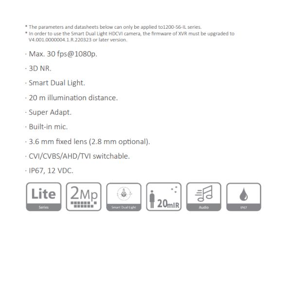 CAMARA HDCVI DOMO 2MP FULL COLOR CON MIC INTEGRADO *LENTE 2.8MM *MAX. 30 fps@1080p *3D NR *ILUMINACIÓN DUAL INTELIGENTE *DIST. ILUMINACION 20M *IP67 DAHUA HAC-HDW1200TLM-IL-A-28-S6 - Imagen 1