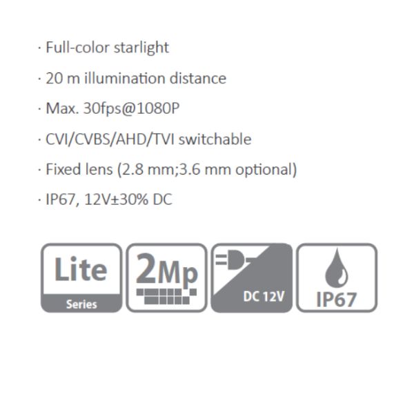 CAMARA HDCVI DOMO 2MP FULL COLOR *SENSOR CMOS 1/2.8" *LENTE 2.8MM *DIST. ILUMINACION 20M * MAX. 30fps@1080P * CVI/CVBS/AHD/TVI *2D NR *IP67 DAHUA HAC-HDW1209TLQN-LED-28-S2 - Imagen 1