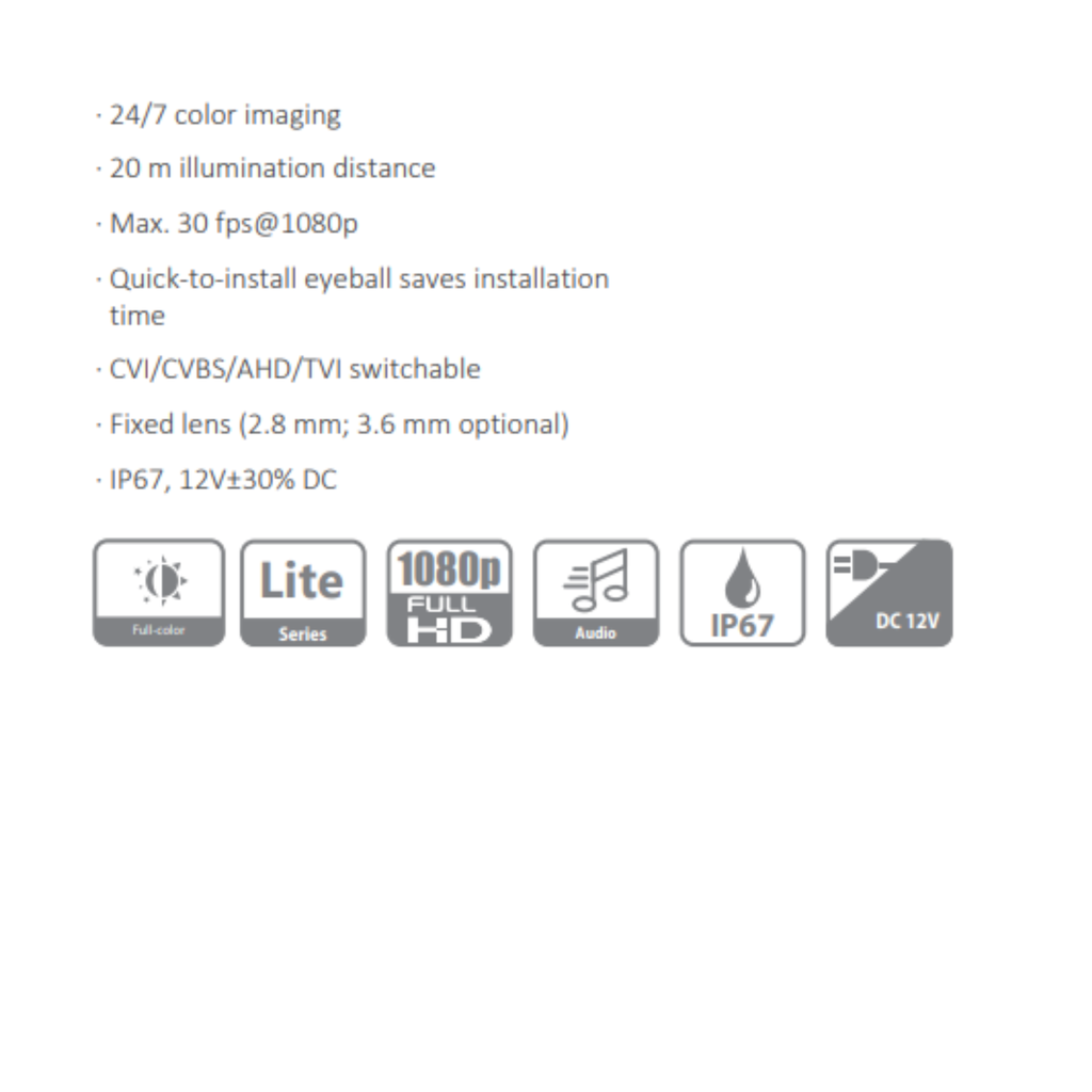 CAMARA HDCVI DOMO 2MP FULL COLOR *SENSOR CMOS 1/2.8" *LENTE 2.8MM *DIST. ILUMINACION 20M * MAX. 30fps@1080P * CVI/CVBS/AHD/TVI *2D NR *IP67 DAHUA HAC-HDW1209TLQ-LED-028-S3 - Imagen 1