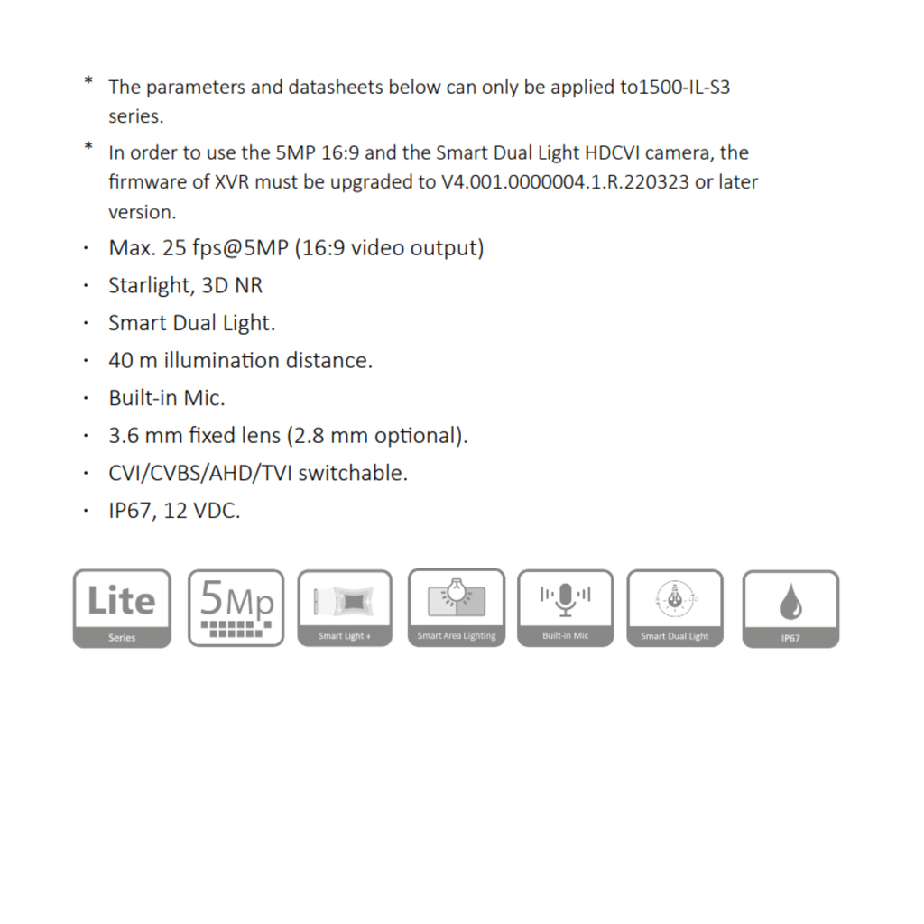 CAMARA HDCVI DOMO 5MP SMART DUAL LIGHT *METÁLICA *LENTE 2.8MM *MAX. 25 fps@5MP *DIST. ILUM. 40M *MIC INTEGRADO *CVI/CVBS/AHD/TVI *IP67 DAHUA HAC-HDW1500T-IL-A-S3-DIP - Imagen 1