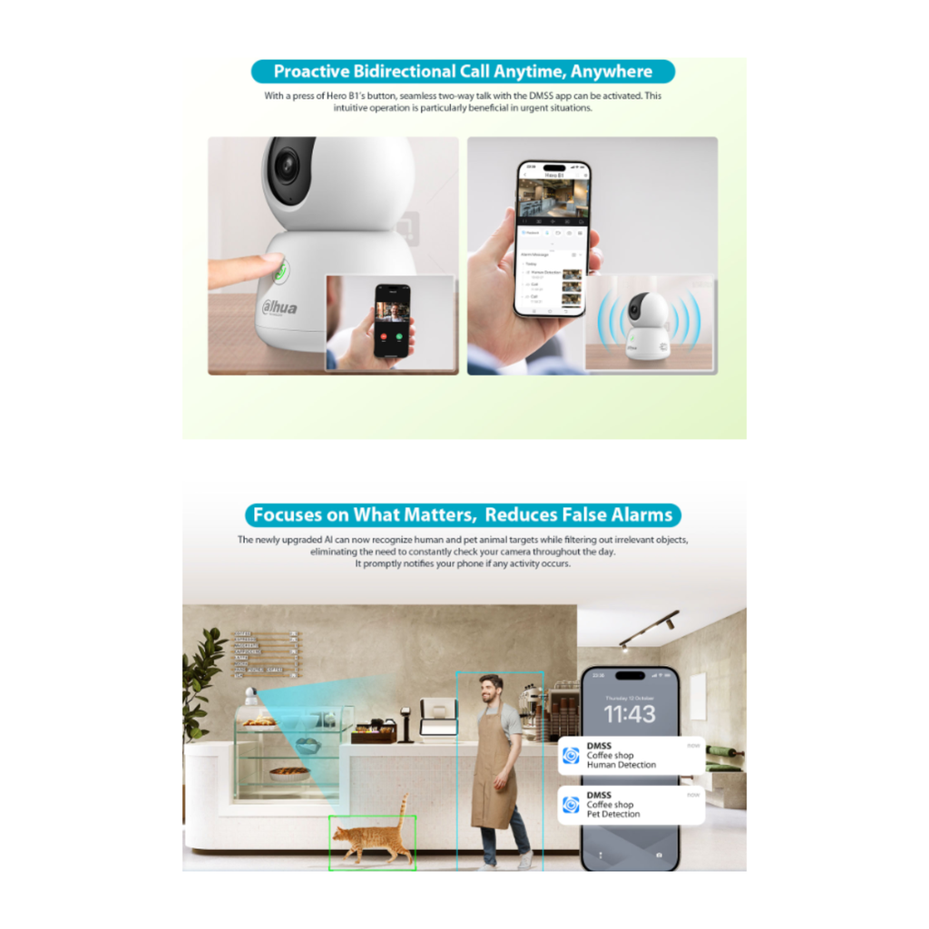 CAMARA HERO B1 IP WIFI 5MP *ROTACION 360° *LLAMADA  A UN TOQUE *AUDIO BIDIRECCIONAL *DETEC. IA DE HUMANOS *DETEC. MASCOTA *RASTERO INTELIGENTE *PAREO BLUETOOTH DAHUA DH-IPC-H5BP-0360B - Imagen 2