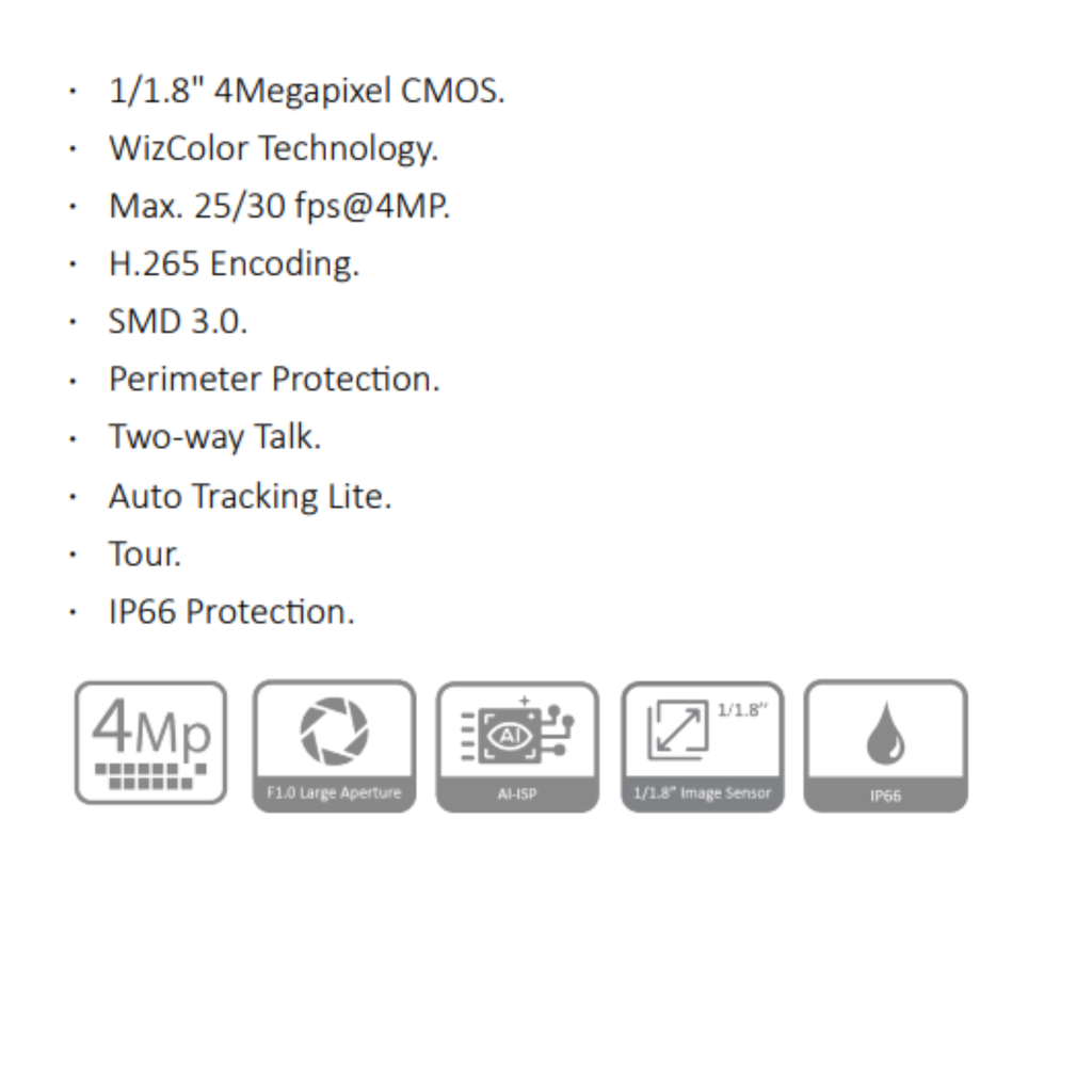 CAMARA IP 4MP PT WIZCOLOR WIZSENSE *SENSOR 1/1.8" CMOS *AUDIO BIDIRECCIONAL *PROTEC. PERIMETRAL *IP66 *SMD 3.0 *ONVIF *2D NR; 3D NR
 *ZOOM DIGITAL 16X DAHUA IPC-PT2449C1-S-PV-LED36PR - Imagen 1