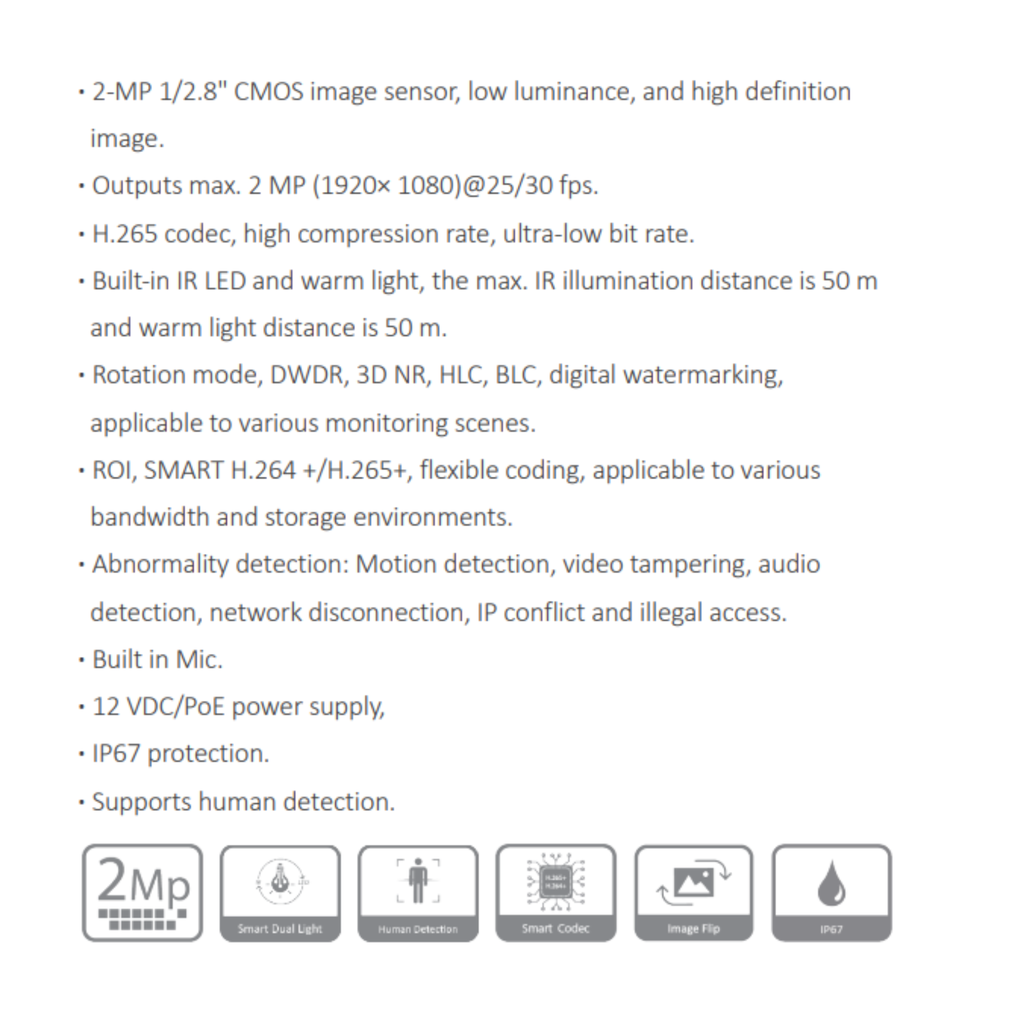 CAMARA IP BALA 2MP CON DISUACIÓN ACTIVA *SENSOR 1/2.8" CMOS *METAL/PLASTICO *DIST. ILUM. 50M *MIC INTEGRADO*POE *IP67 *SMART CODEC *DETEC.PERONAS DAHUA IPC-HFW1239TL1-PV-0280-S6 - Imagen 1