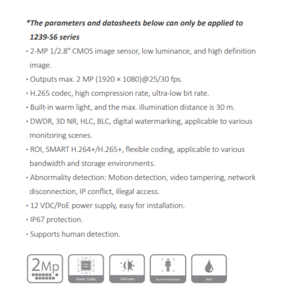 CAMARA IP BALA 2MP FULL COLOR *METAL/PLASTICA *SENSOR 1/2.8" CMOS *DWDR, 3D NR, HLC, BLC * DIST. ILUMINACION 30M *POE *IP67 *1 RJ45  (10/100 Base-T) DAHUA IPC-HFW1239S1-LED-0280-S6 - Imagen 1