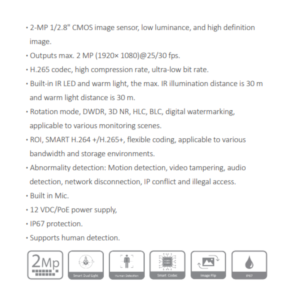 CAMARA IP BALA 2MP SMART DUAL LIGHT *METALICA/PLÁSTICA *SENSOR 1/2.8" CMOS *DIST. ILUM 30M *DWDR, 3D NR, HLC, BLC *MIC INTEGRADO *POE *IP67 DAHUA IPC-HFW1239TL1P-A-IL-0280 - Imagen 2