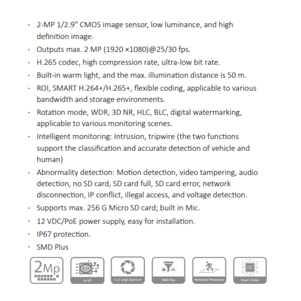 CAMARA IP BALA 2MP WIZCOLOR *SENSOR 1/2.9" CMOS *METALICA *DIST. ILUMI. 50M *SOPORTA MICRO SD HASTA 256GB *MIC INTEGRADO *POE *IP67 *SMD PLUS DAHUA IPC-HFW2249TL-S-LED-28-PR - Imagen 1
