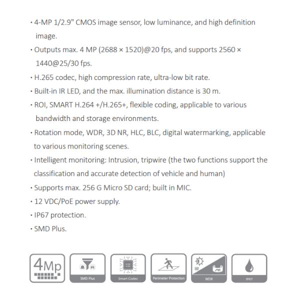CAMARA IP BALA 4MP WIZSENSE *LENTE 2.8MM *SENSOR 1/2.9" CMOS *H.265 *IR MAX 30M *SLOT MICRO SD HASTA 256G *SMD PLUS *IP67 DAHUA IPC-HFW2441SP-S-0280B - Imagen 1