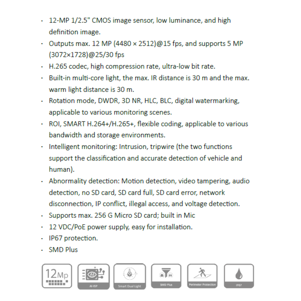 CAMARA IP DOMO 12MP WIZSENSE *SMART DUAL LIGTH *SENSOR 1/2.5" CMOS *DIST. ILUM. 30M *RANURA MICRO SD MAX 256GB *POE *IP67 *MIC INTEGRADO DAHUA IPC-HDW21249T-S-IL-28-S2 - Imagen 1