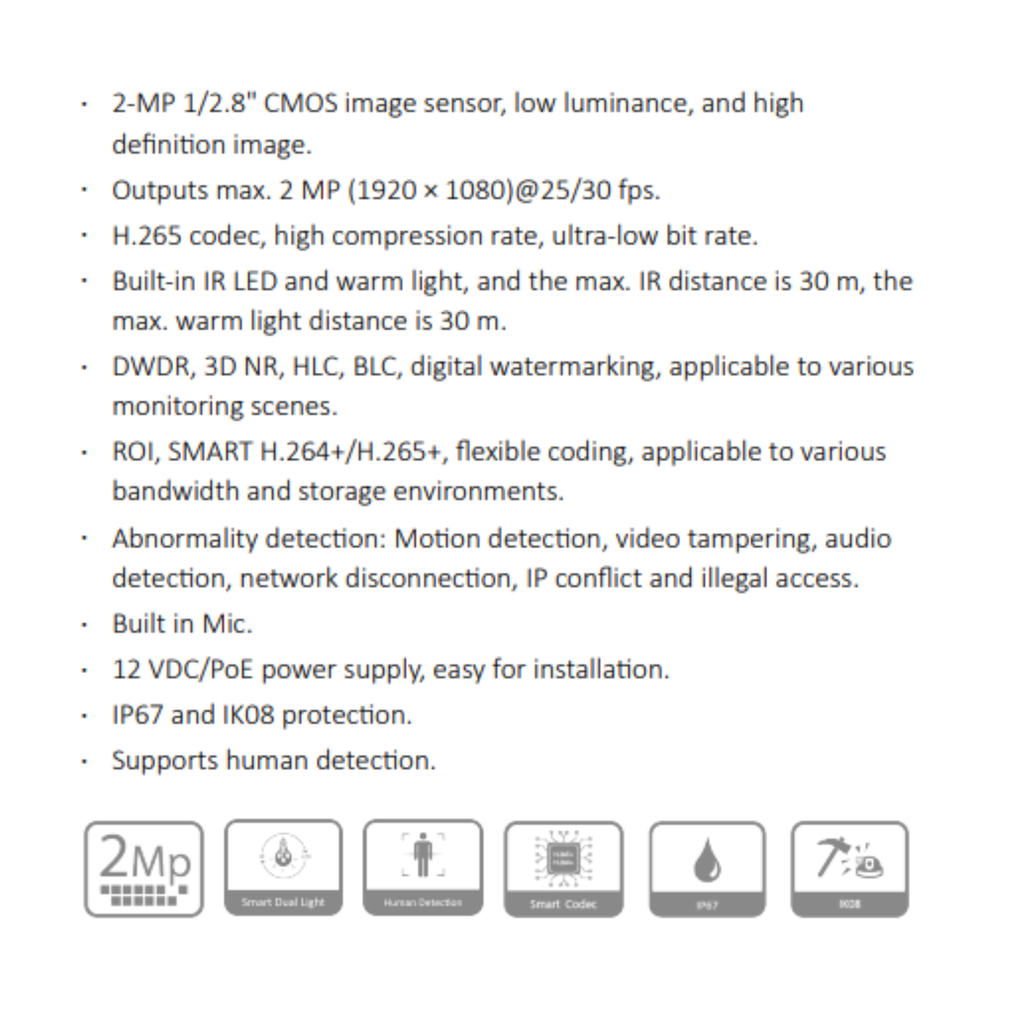CAMARA IP DOMO 2MP ANTIVANDALICA *SENSOR 1/2.8" CMOS *DIST. ILUM. 30M *DWDR, 3D NR, HLC, BLC *MIC INTEGRADO *12 VDC/PoE *IP67, IK08 *SOPORTA DETEC. PERSONAS DAHUA IPC-HDBW1239E1-A-IL-28-S6 - Imagen 1