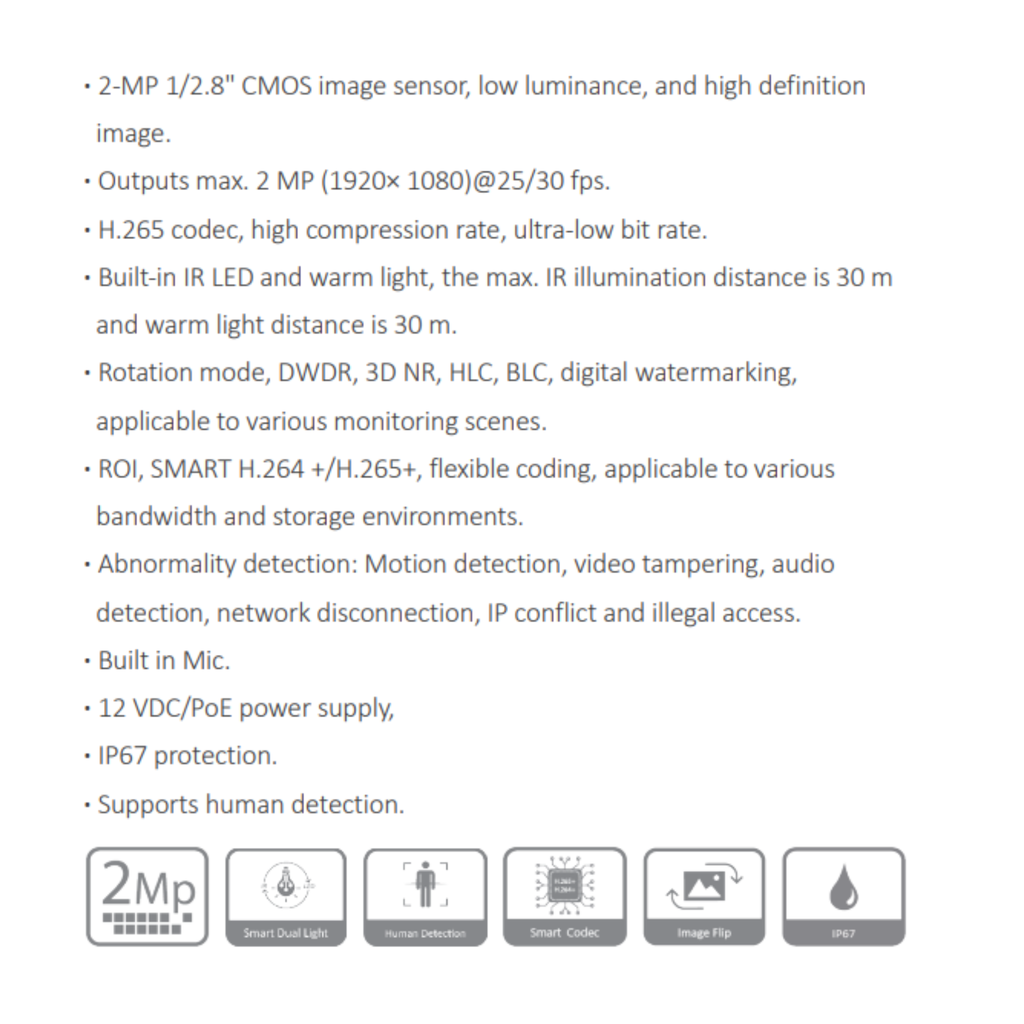 CAMARA IP DOMO 2MP CON DISUACIÓN ACTIVA *SENSOR 1/2.8" CMOS *METAL/PLASTICA *DIST. ILUM. 30M *MIC INTEGRADO *POE *IP67 *DETEC. PERSONAS *SMART CODEC DAHUA IPC-HDW1239VP-PV-0280B-S6 - Imagen 1