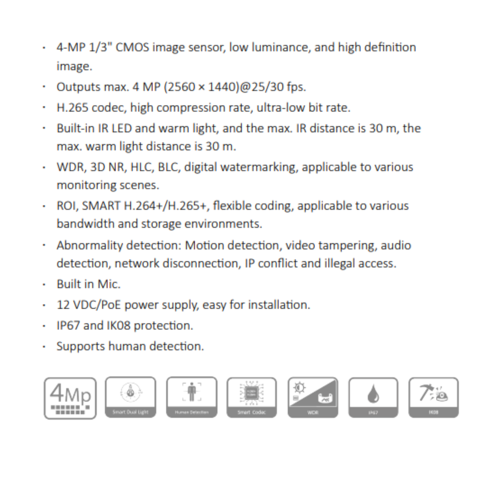 CAMARA IP DOMO 4MP ANTIVANDALICA *SENSOR 1/3" CMOS *DIST. ILUM. 30M *WDR, 3D NR, HLC, BLC *MIC INTEGRADO *12 VDC/PoE *IP67, IK08 *SOPORTA DETEC. PERSONAS DAHUA IPC-HDBW1439E1-A-IL-28-S6 - Imagen 3