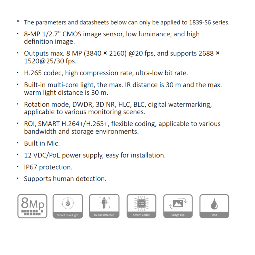 CAMARA IP DOMO 8MP FULL COLOR *METALICA *LENTE 2.8MM *SENSOR 1/2.7" CMOS *DIST. ILUM. 30M *DWDR, 3D NR, HLC, BLC *MIC INTEGRADO *POE *IP67 *SMART CODEC *1 RJ45 DAHUA IPC-HDW1839TP-A-IL-028-S6 - Imagen 1