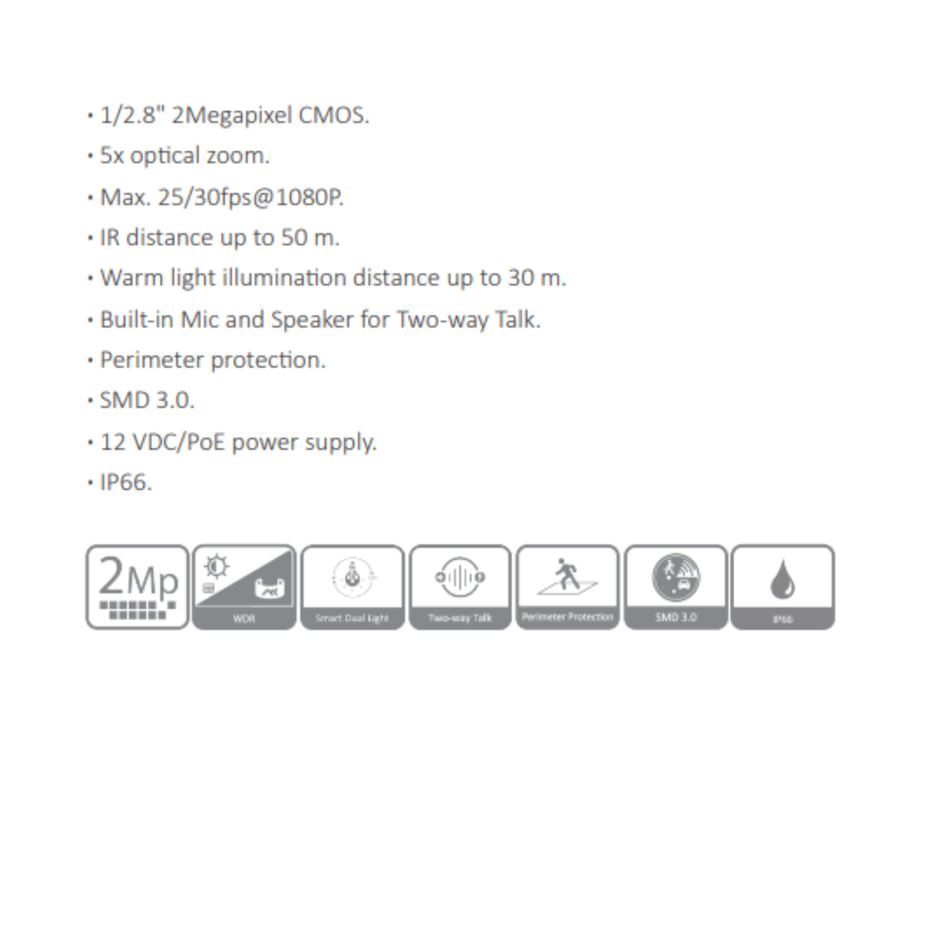 CAMARA IP PTZ 2MP 5X ZOOM *SMART DUAL LIGHT *SENSOR 1/2.8" CMOS *ZOOM OPTICO 5X *MAX. 25/30fps@1080P *IR MAX 50M *DIST. ILUM. LUZ CALIDA 30M *12 VDC/PoE *IP66 DAHUA DH-SD3C205DB-GNY-A-PV - Imagen 2