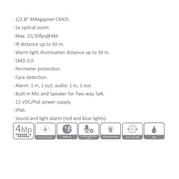 CAMARA IP PTZ TIOC 4MP CON AUDIO BIDIRECCIONAL *ZOOM OPTICO DE 5X *Max. 25/30fps@4MP *DIST. ILUM. 30M *SMD 3.0 *PROTE. PERIMETRAL, DETEC. FACIAL *ALARMA 1I/1O DAHUA DH-SD3E405DB-GNY-A-PV1 - Imagen 1