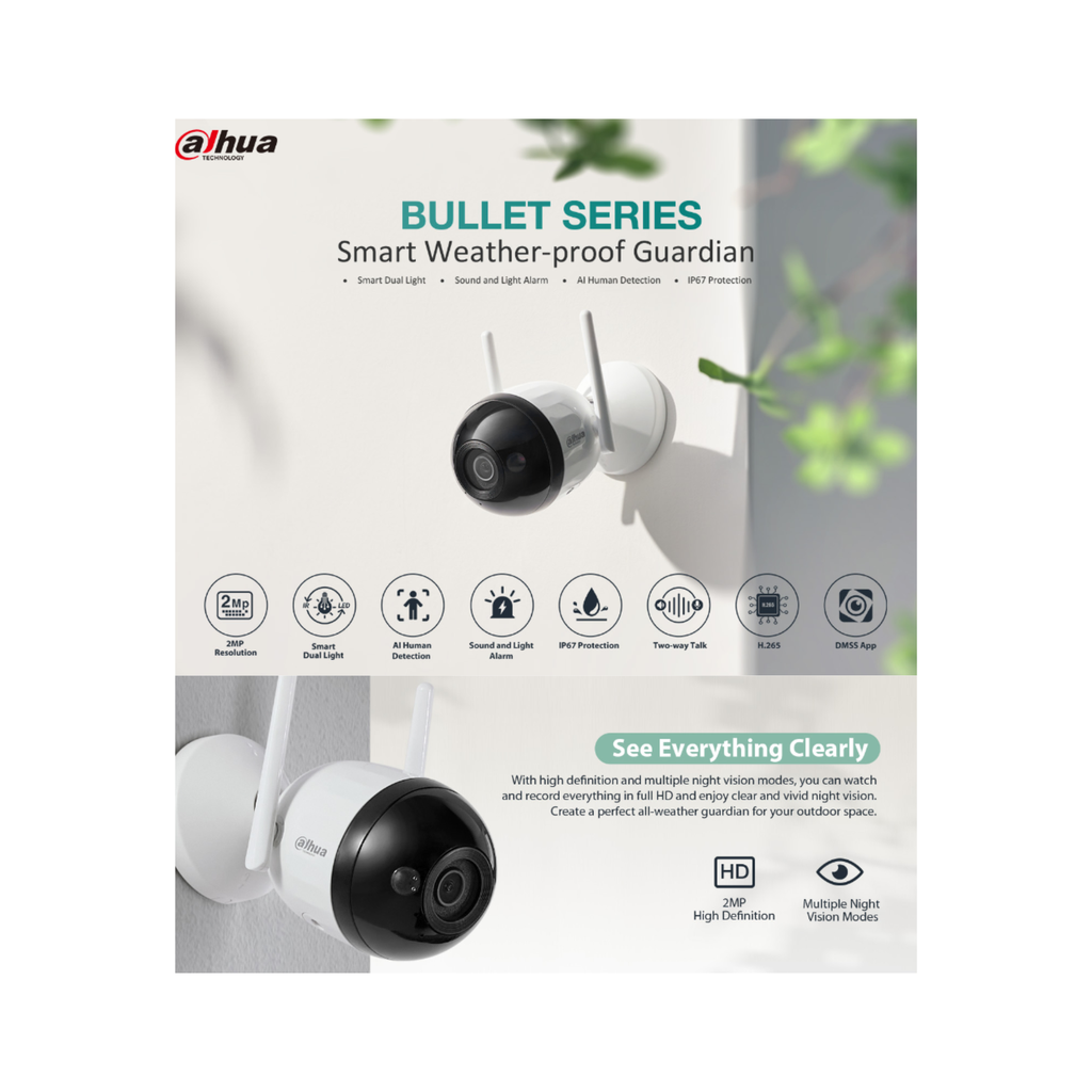 CAMARA IP WIFI 2MP TIPO BALA *DETECCION DE HUMANOS INTELIGENTE *SMART DUAL LIGHT *DISUACIÓN ACTIVA *AUDIO BIDIRECCIONAL *IP67 *SLOT PARA MICRO SD HASTA 256GB DAHUA DH-IPC-F2CN-PV-0280B - Imagen 1