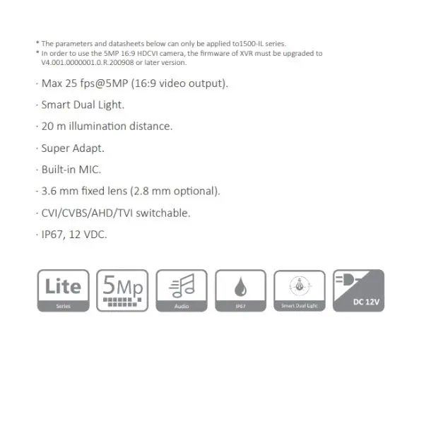 CAMARA HDCVI BALA 5MP FULL COLOR *PLASTICA *MAX 25 fps@5MP *DOBLE ILUMINACION INTELIGENTE *DIST. ILUM. 20M *MIC INTEGRADO *LENTE 2.8MM *IP67 *2D NR DAHUA HAC-HFW1500CLN-IL-A-28-S2 - Imagen 1