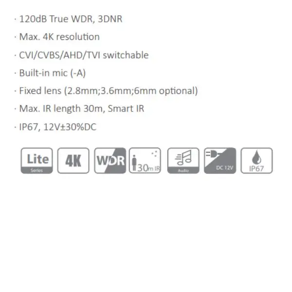 CAMARA HDCVI BALA 8MP CON AUDIO *METALICA *LENTE 2.8MM *MAX. RESOLUCION 4K *CVI/CVBS/AHD/TVI *MIC INTEGRADO *IR 30M *WDR *IP67 DAHUA HAC-HFW1801TN-A-0280B-S2 - Imagen 1