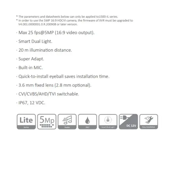 CAMARA HDCVI DOMO 5MP FULL COLOR *PLASTICA *MAX 25 fps@5MP *RAPIDA INSTALACIÓN *LUZ DUAL INTELIGENTE *DIST. ILUM 20M *MIC INTEGRADO *LENTE 2.8MM *IP67 *2D NR DAHUA HAC-HDW1500CLQ-IL-A-28-S2 - Imagen 1