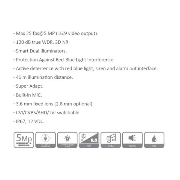 CAMARA HDCVI DOMO 5MP TIOC *LENTE 2.8MM *MAX 25 fps@5 MP *DOBLE ILUMINADOR *DIST. ILUMINACION 40M *SUPER ADAPT *ALARMA DE LUZ Y SONIDO *PARLANTE INTEGRADO *IP67 DAHUA HAC-ME1509HN-A-PV-0280-S2 - Imagen 1