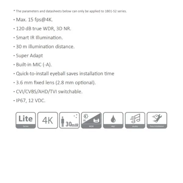 CAMARA HDCVI DOMO 8MP CON MIC INTEGRADO *METAL/PLASTICA *MAX. 15 fps@4K. *WDR *IR INTELIGENTE *DIST. ILUMINACION 30M *LENTE 2.8MM *IP67 DAHUA HAC-HDW1801TLQ-A-0280B-S2 - Imagen 1